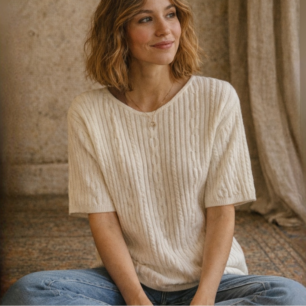Vintage NWT Cotton Forever Cable Knit Ivory Crew Neck Sweater Sz XL